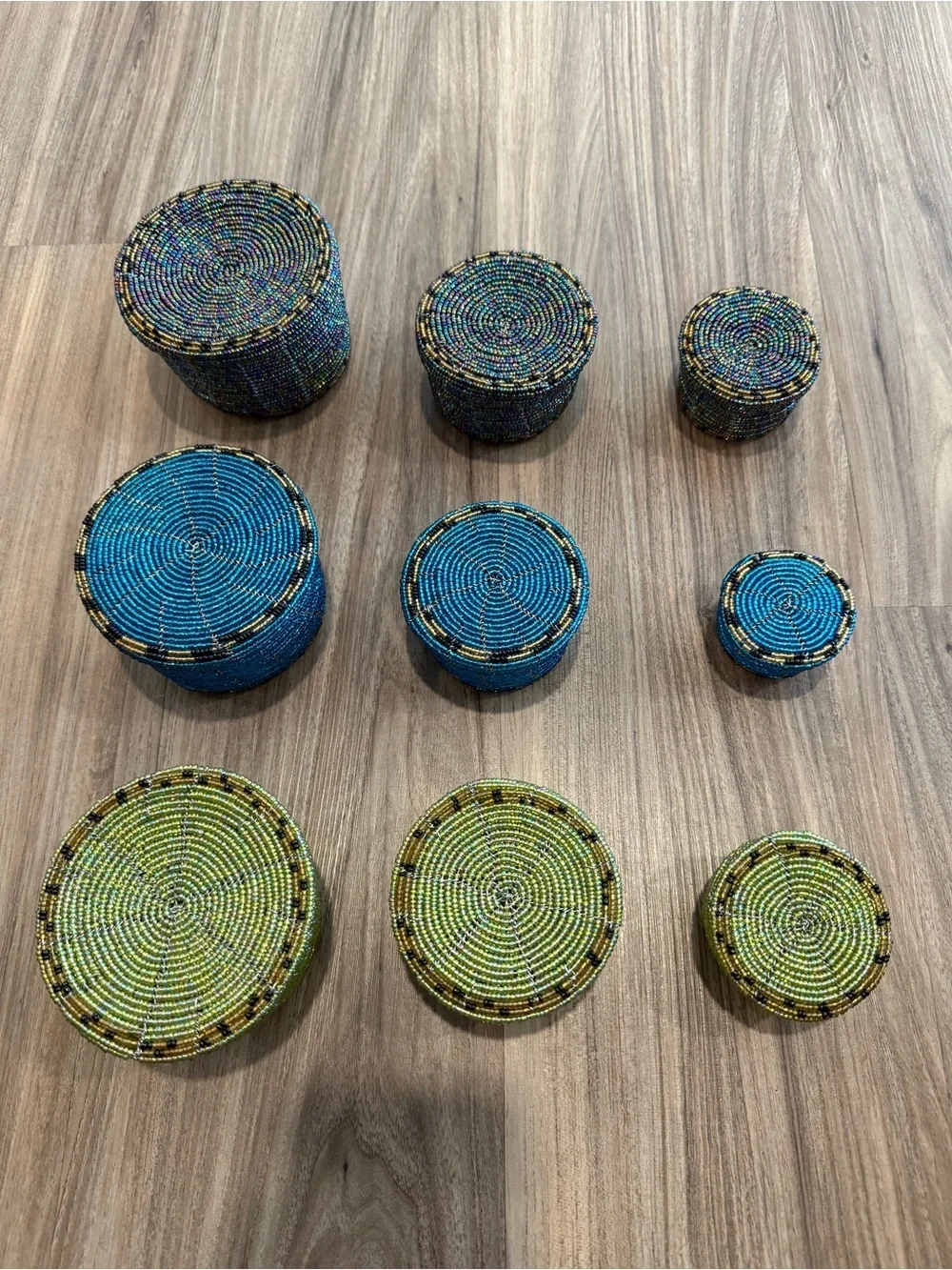Handwoven Beaded Round Storage Boxes Set - Blue, Green & Multicolor